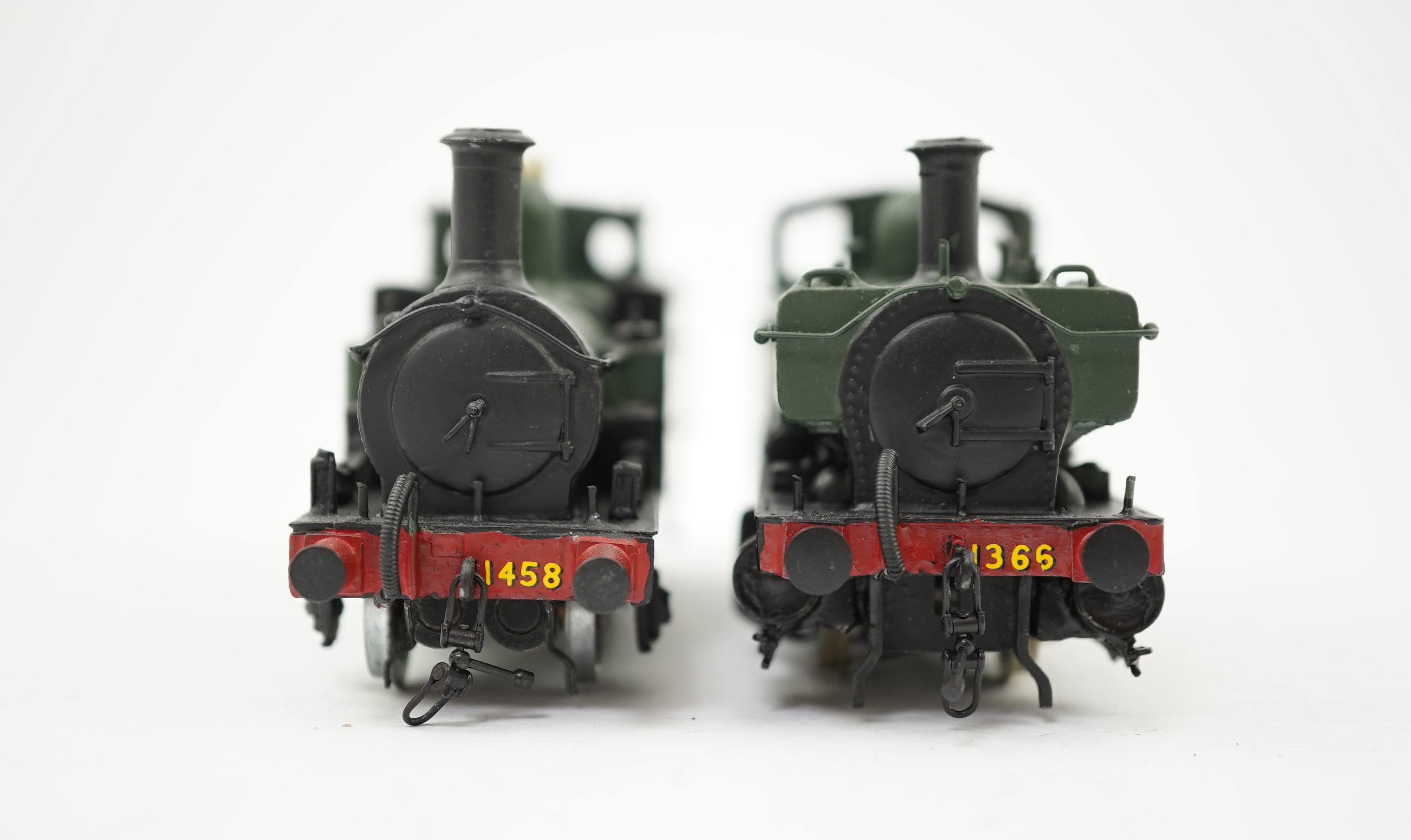 Two 00 gauge brass and white metal kit built GWR tank locomotives; a 1400 class 2-4-0T, 1458, together with an 1366 class 0-6-0PT, 1366, constructed, painted and lined to a high standard, both motored for two rail operat